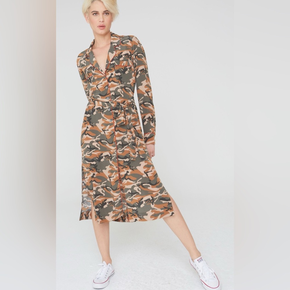 La Boheme Zoey Silk Dress in Olive Camouflage Print NWT